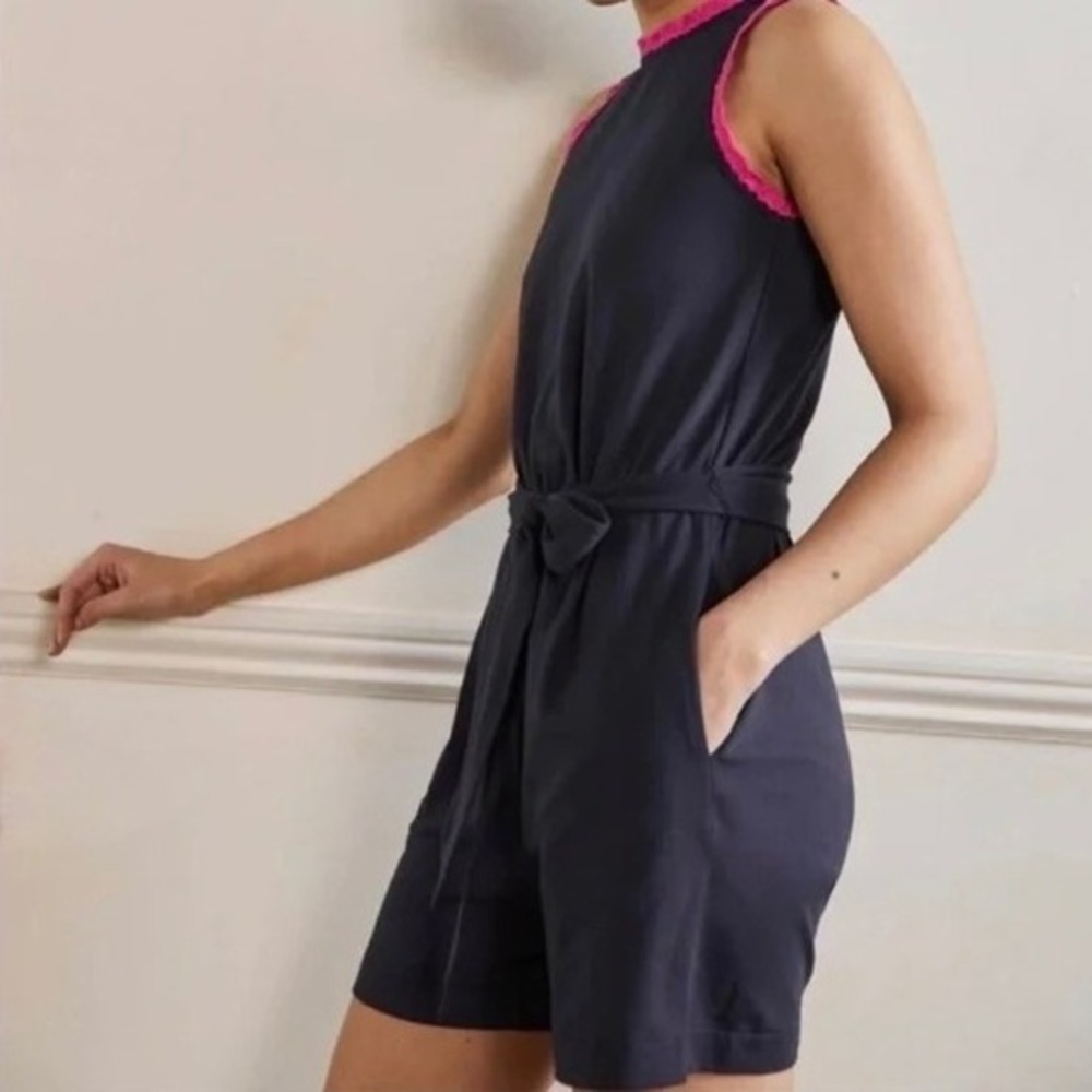 BODEN Caitlin Jersey Knit Romper Playsuit Crochet Trims Navy Blue Pink 8 Tall - Picture 7 of 16